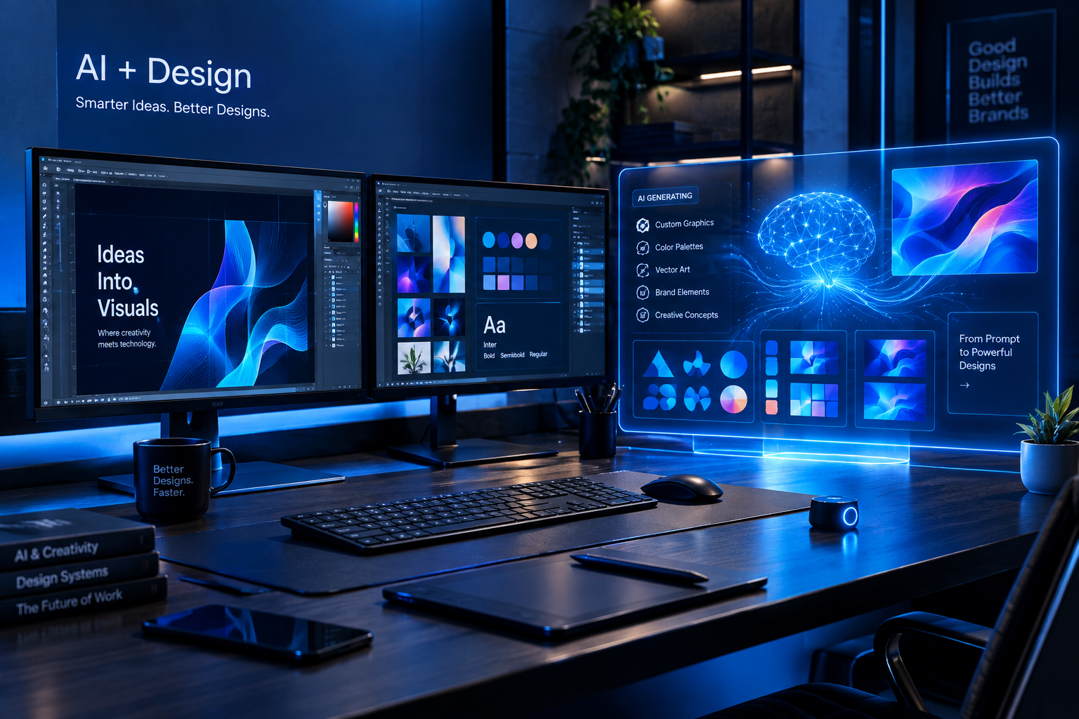 AI graphic design tools dashboard displaying neural vector manipulation on a dual monitor workstation