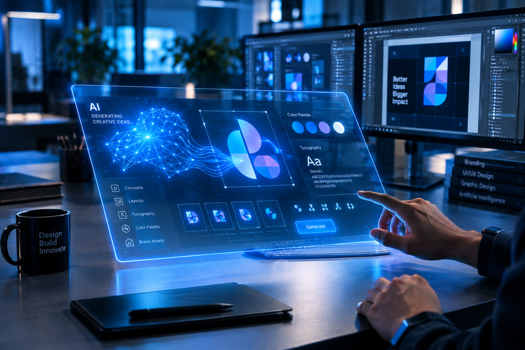 A conceptual, hyper-realistic photograph of a designer interacting with a glowing holographic tablet that blends neural networks with vector shapes and brand color palettes.