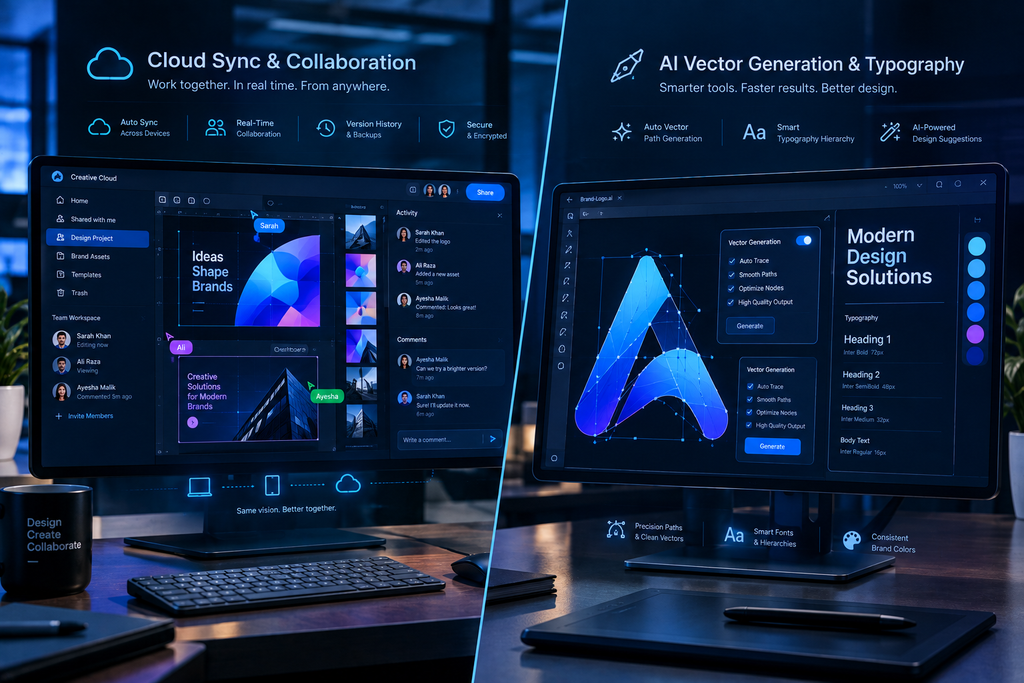 Modern creative professional exploring AI graphic design tools for brand kits and vector assets
