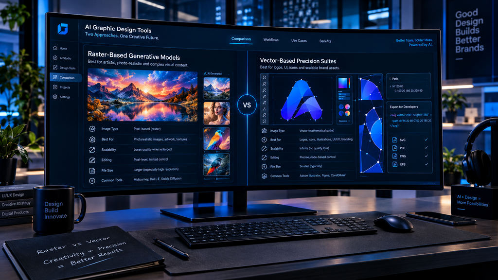 Comparison of raster and vector AI graphic design tools on a high-tech agency screen