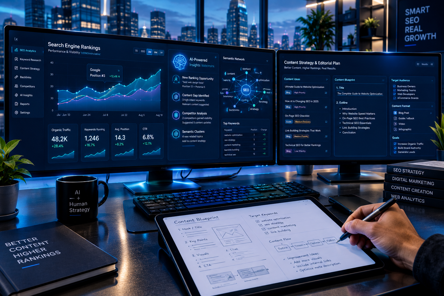 A futuristic tech workspace showcasing AI-Powered SEO Automation analytics alongside human strategy blueprints and editorial planning.