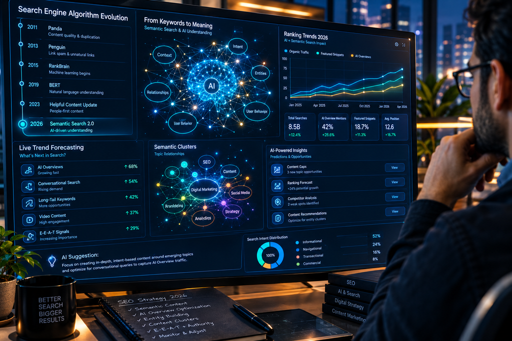 A digital dashboard displaying search engine evolution, neural networks, and algorithmic ranking analytics for 2026.
