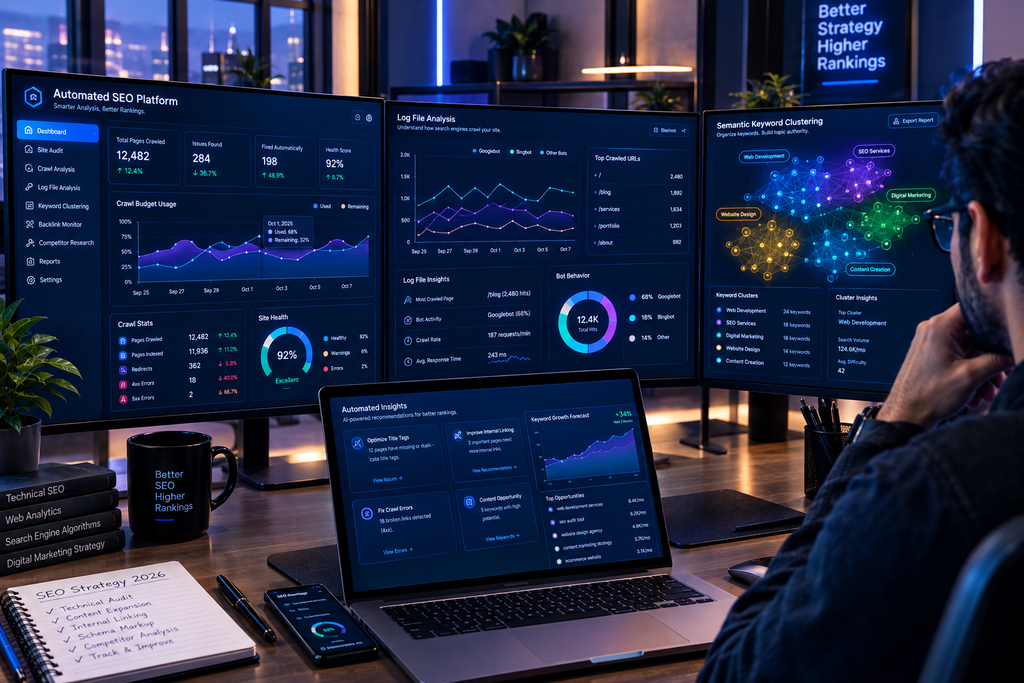 An advanced SEO analytics platform dashboard featuring automated log file analysis, crawl optimization, and semantic clustering tools.