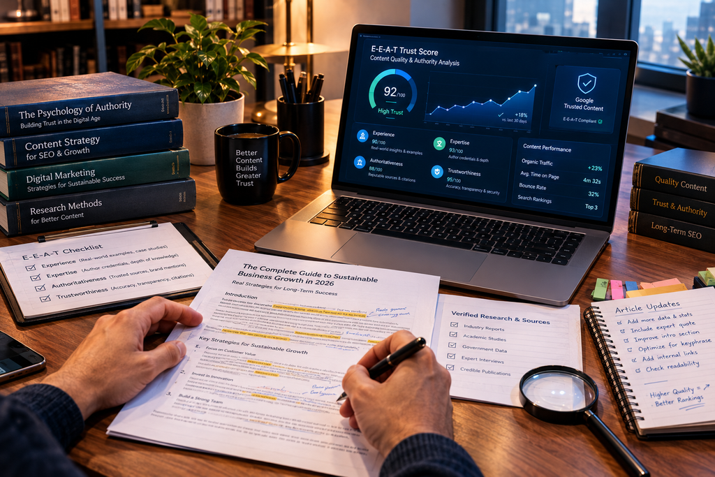 A professional editorial desk setup representing human expertise, authentic experience, and E-E-A-T standards in content creation.