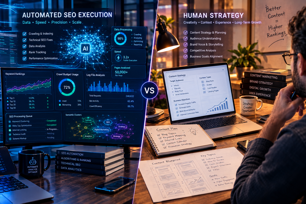 A comparative visual contrast showcasing the high-speed data processing of AI-Powered SEO Automation versus human strategic execution.
