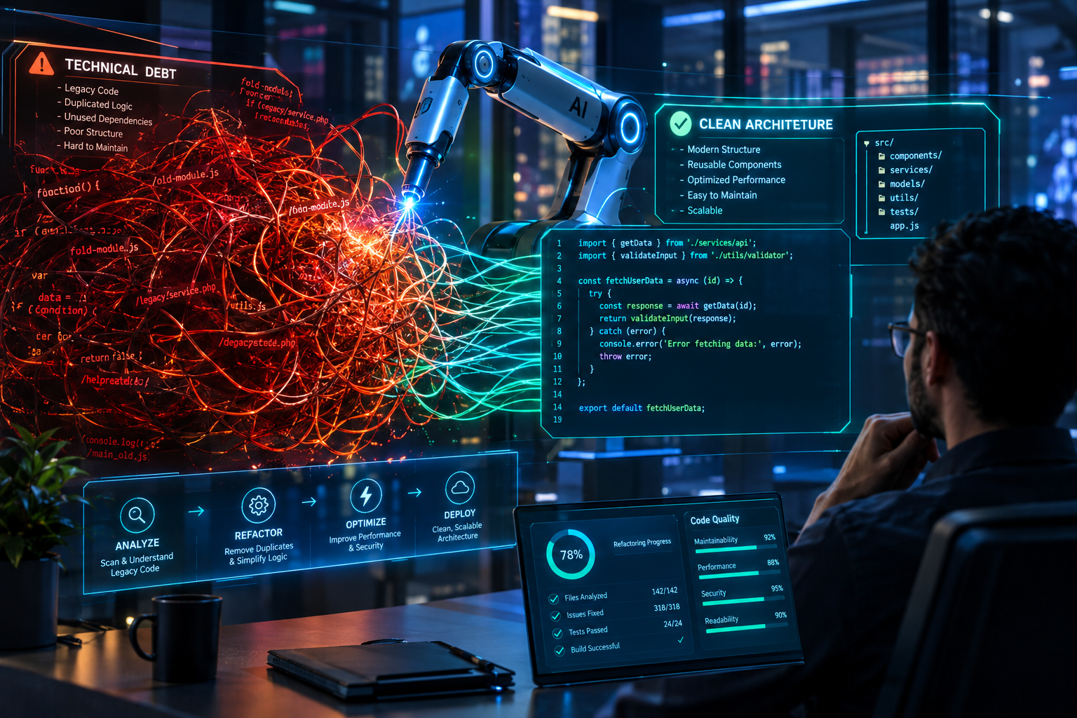 A futuristic visualization of an AI robotic arm untangling complex, glowing legacy code (technical debt) and transforming it into structured, clean programming architecture in a modern tech environment.