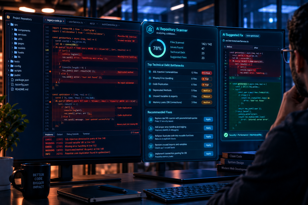 A modern developer workstation displaying legacy code errors and technical debt being scanned by an intelligent AI automation interface.