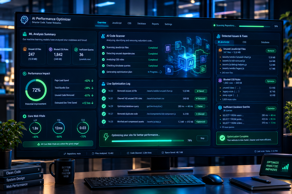 An advanced machine learning analytics dashboard identifying and stripping away redundant code bloat and unoptimized database queries to improve performance.