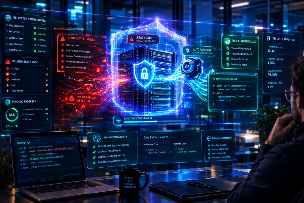 A futuristic visualization of automated AI code healing patching zero-day security vulnerabilities and securing an enterprise software repository.