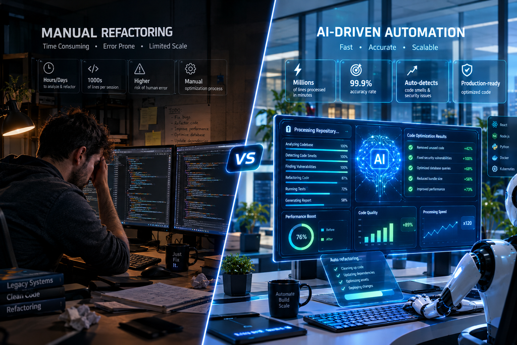 A split-screen comparative visual showing the slow process of manual code refactoring versus the high-speed processing scale of AI-driven automation.