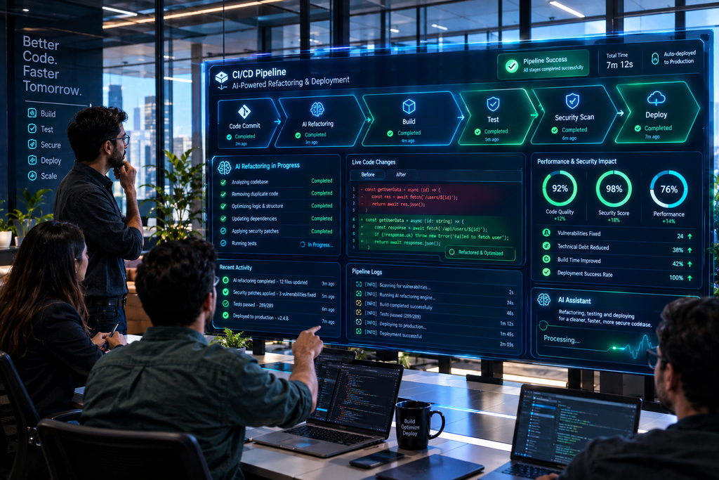 An engineering team reviewing a continuous integration CI/CD pipeline dashboard powered by automated AI refactoring and deployment workflows.