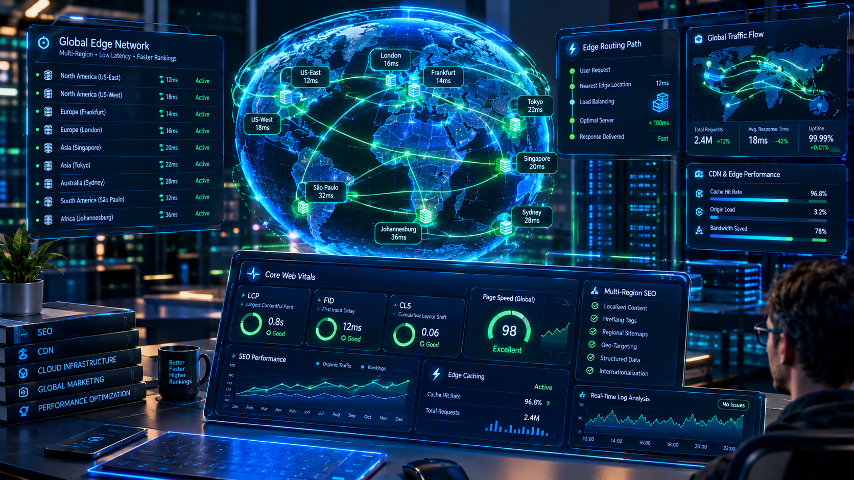 A high-tech digital globe visualization showing global edge nodes and fast data streams powering multi-region localized edge SEO and Core Web Vitals optimization.