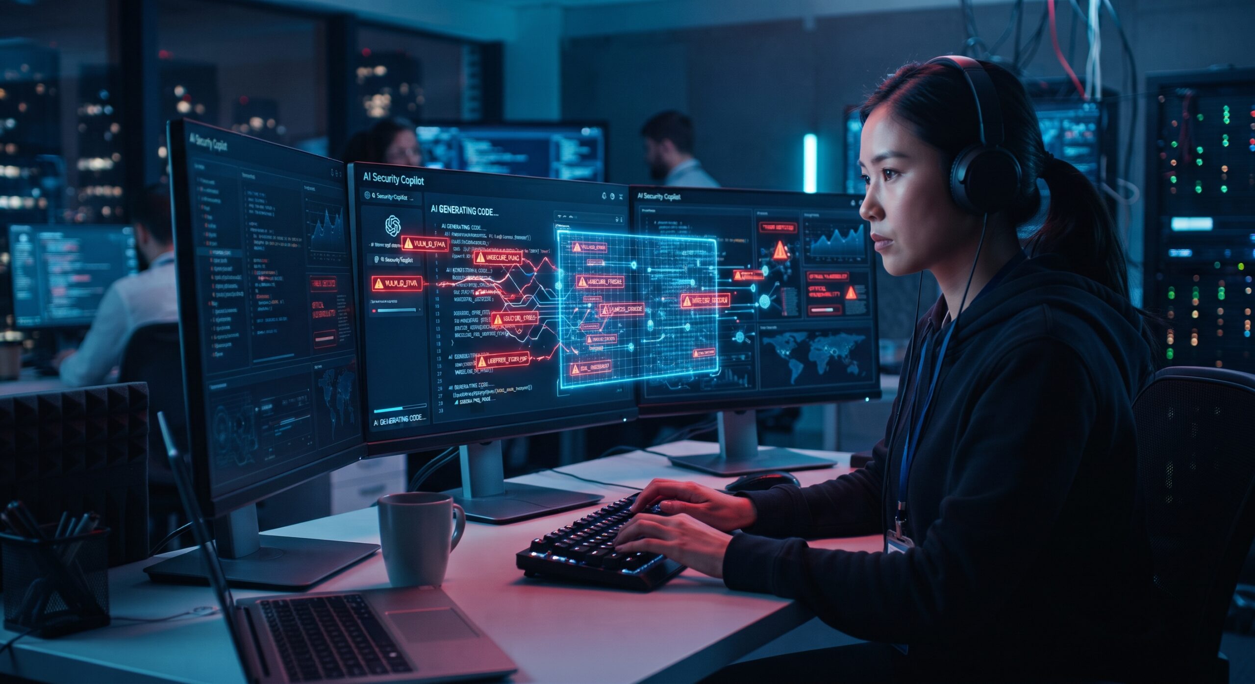 A cybersecurity specialist monitoring a software development workspace where an AI Code Assistant generates code being scanned for hidden security risks and vulnerabilities.