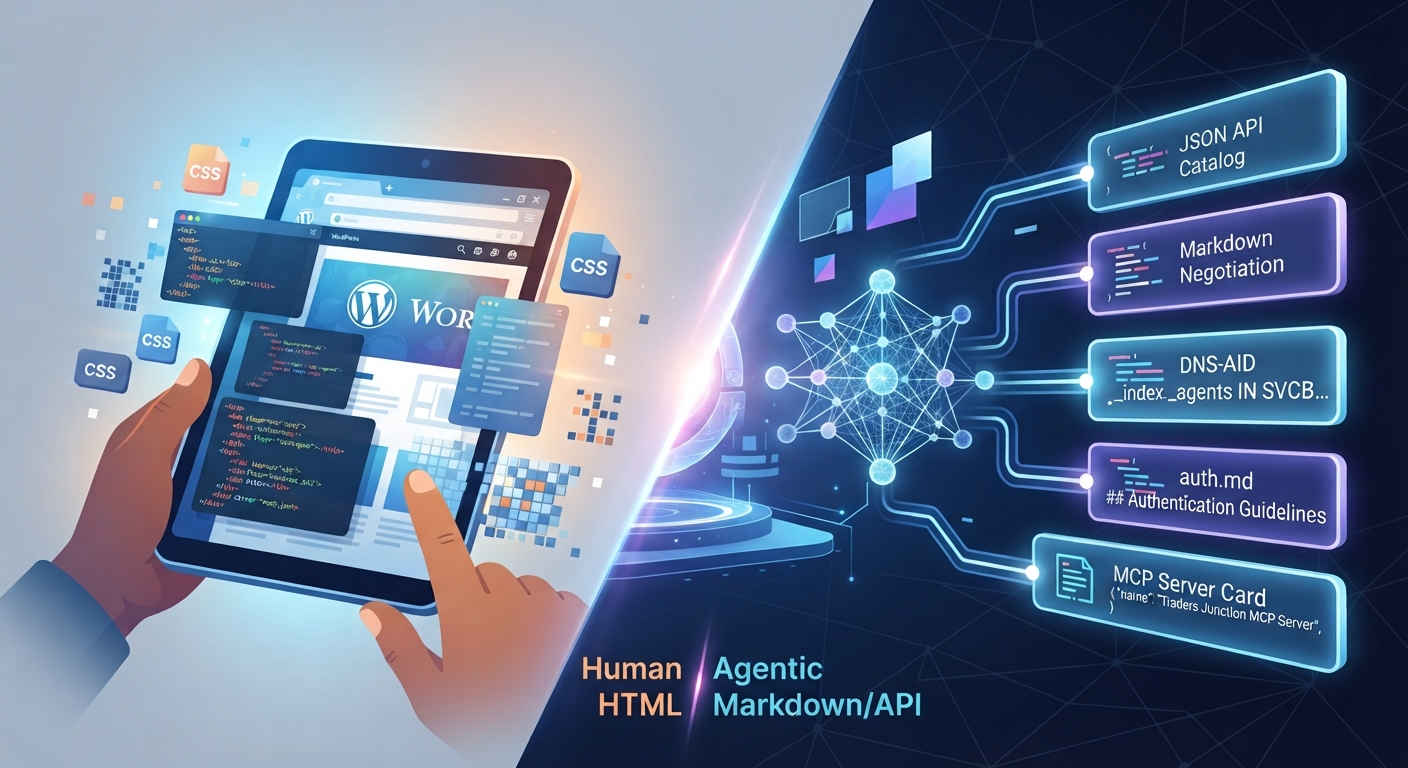 WordPress site optimized for AI-agent discovery through markdown content negotiation, demonstrating API catalog structure.