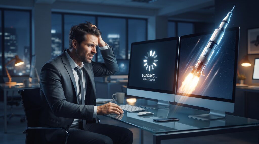 Business professional experiencing slow website loading times, highlighting the cost of poor speed optimization and sluggish web performance.