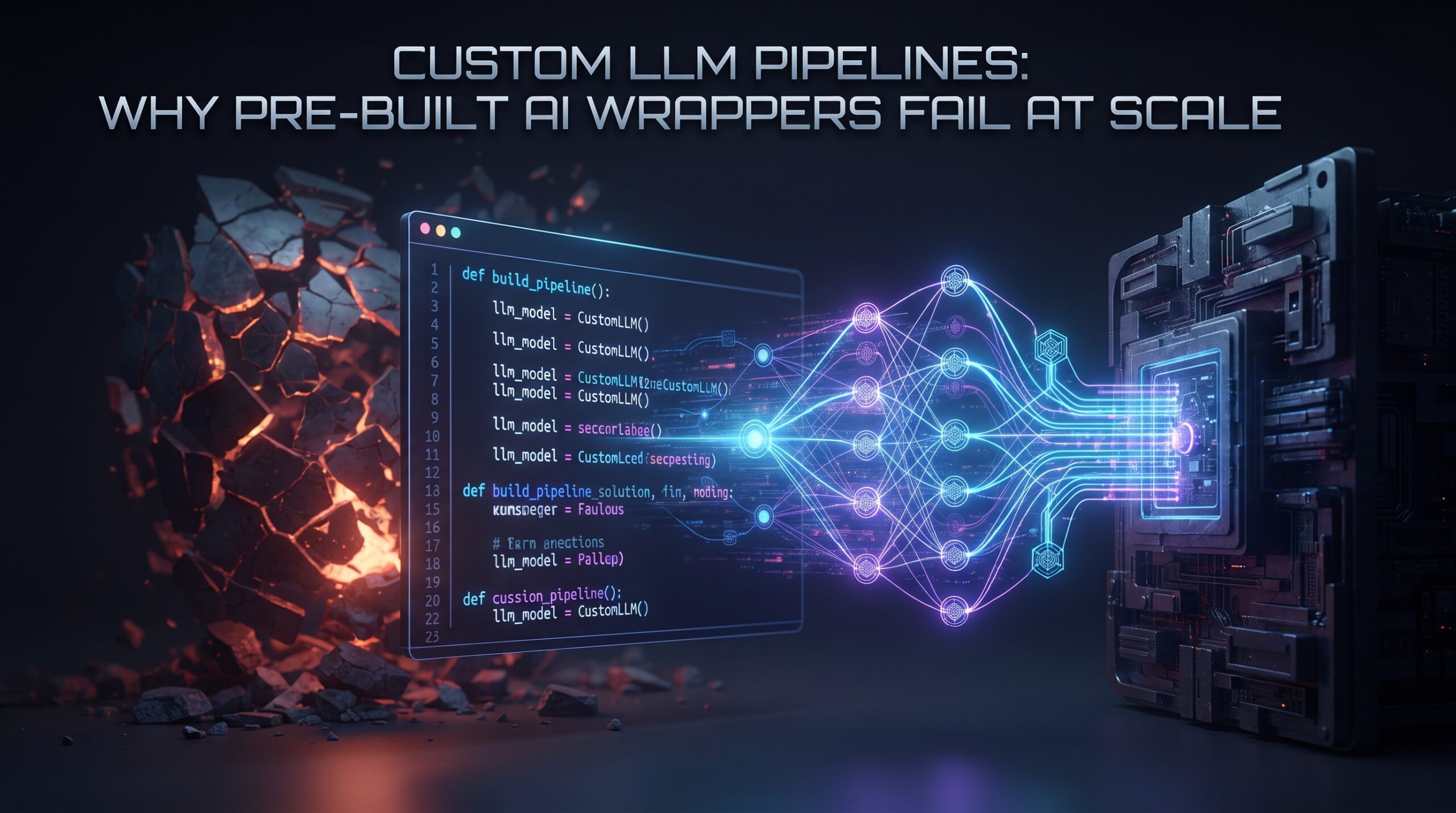 A dark and cinematic technology-themed blog header image for 'De Buggers'. It features a transparent code editor on the left displaying Python scripts, connected by glowing blue and purple neural network pipelines to a complex, secure server unit on the right. To the far left, a fragile, fragmented structure resembling a broken AI wrapper is seen crumbling and disintegrating into glowing orange embers, symbolizing failure. The bold headline at the top reads: 'CUSTOM LLM PIPELINES: WHY PRE-BUILT AI WRAPPERS FAIL AT SCALE'.