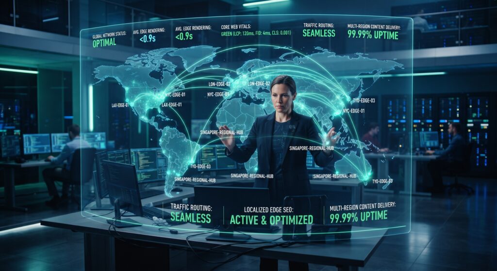 A professional enterprise command center displaying a global CDN network map and green performance metrics, highlighting best practices for localized edge SEO and speed.