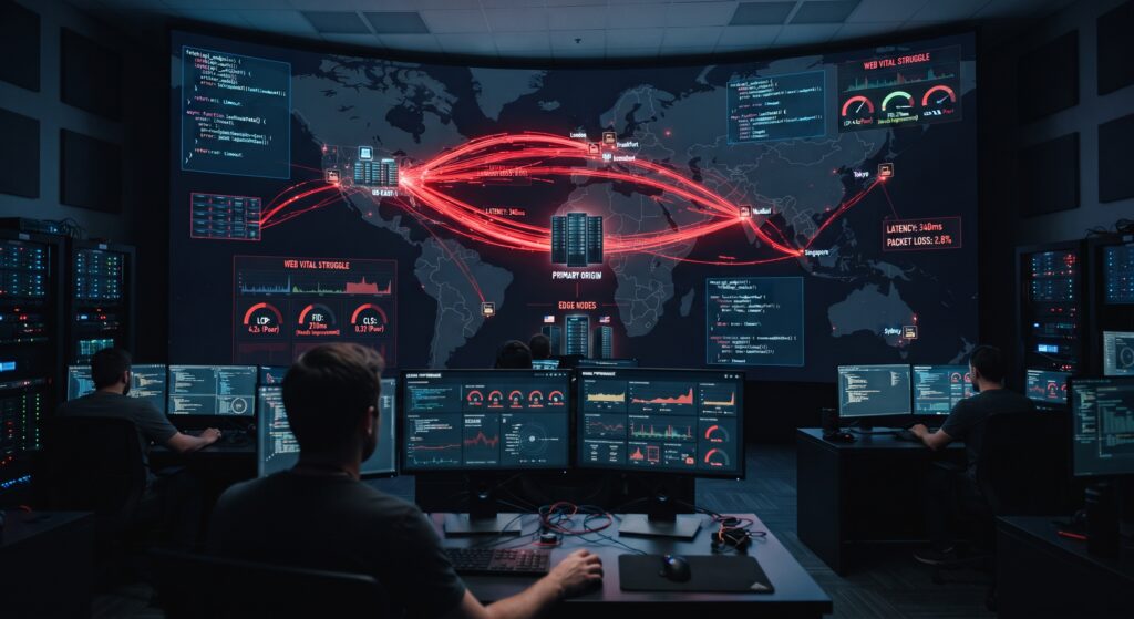 A high-tech control center map highlighting the latency hurdles and performance bottlenecks faced during multi-region website scaling.