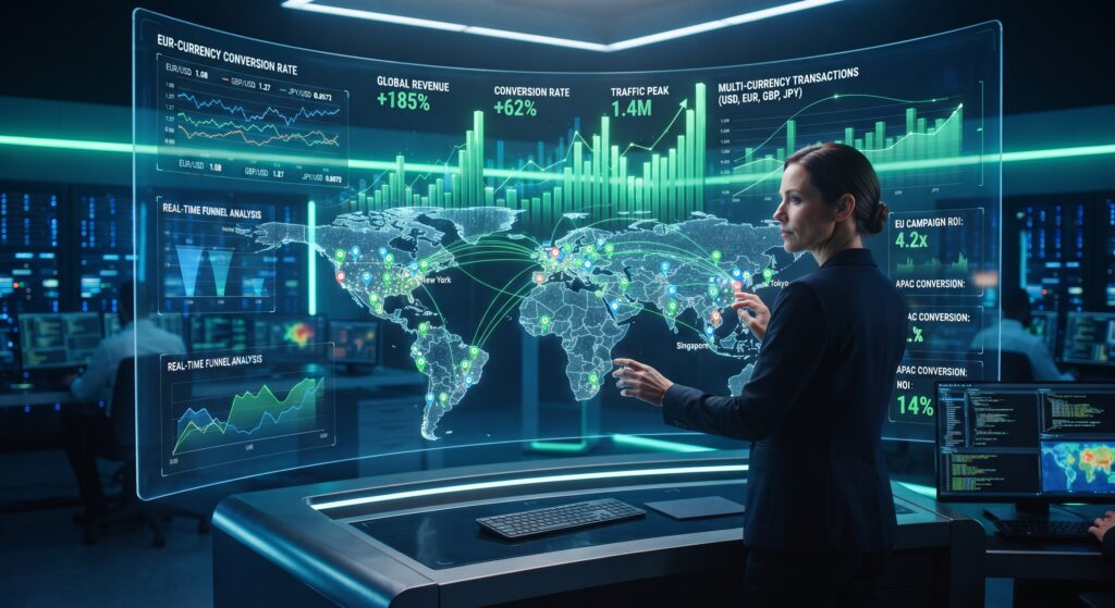 A high-tech analytics dashboard highlighting global e-commerce metrics and regional personalization strategies designed to maximize conversion rates.