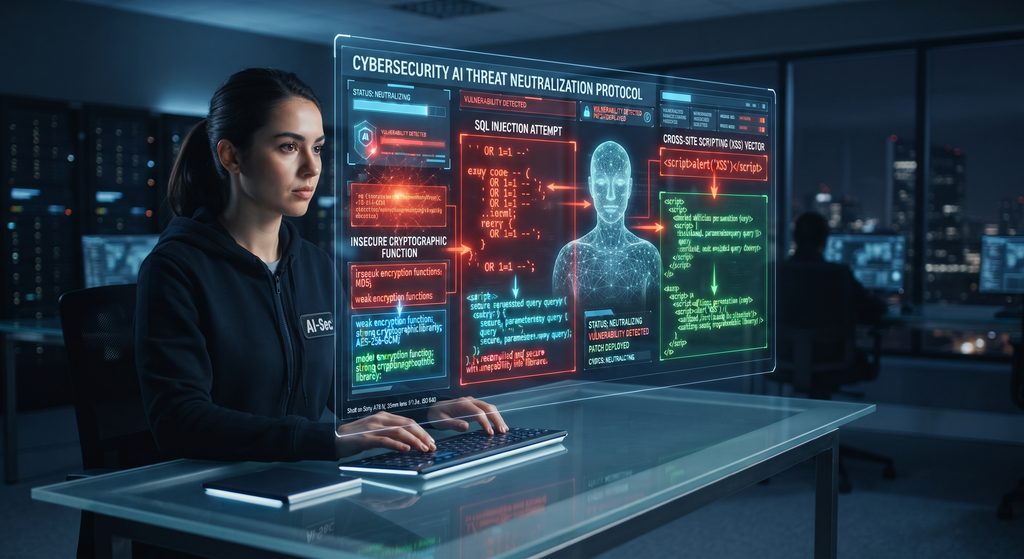 A futuristic cybersecurity dashboard visualization showing an advanced AI model actively intercepting and patching common vulnerabilities like SQL injection, XSS, and cryptographic weaknesses in software code.
