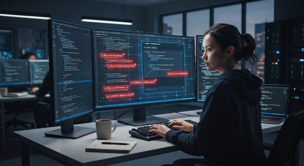 A modern software development workstation showing a developer using an AI coding, with an integrated security overlay scanning the generated code for hidden vulnerabilities and risks.