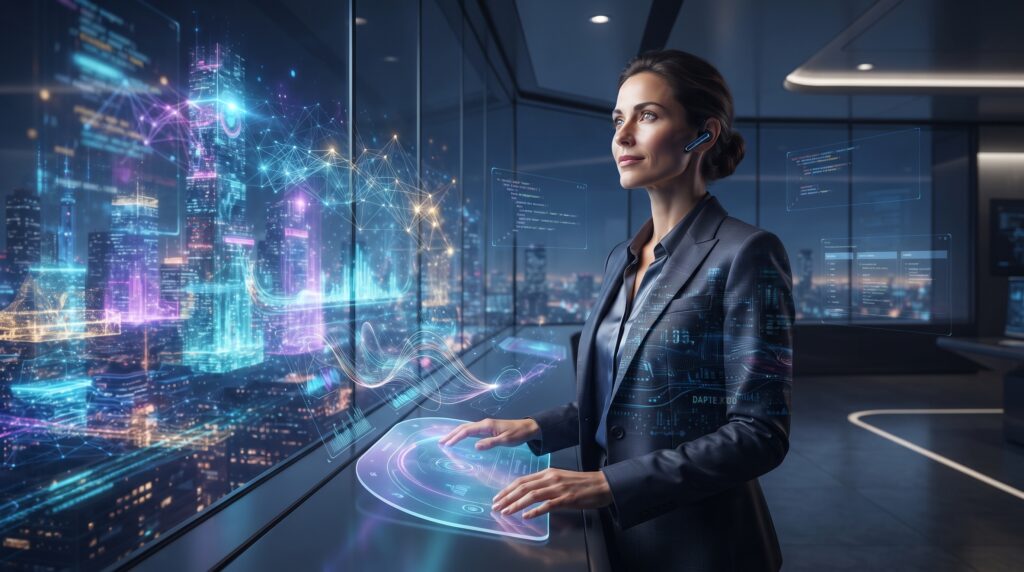 A professional looking towards a glowing digital city skyline, representing the successful digital transition into AI-driven software development.