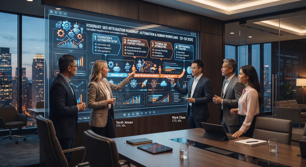 A strategic framework planning session roadmap showcasing the integration of AI-Powered SEO Automation with human execution.