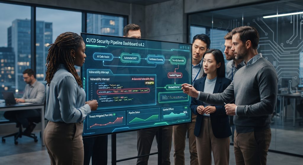 A split-screen comparison visual contrasting the methodical, secure workflow of a senior developer writing manual code against the rapid, high-volume generation of code by an AI Code which contains subtle, overlooked security vulnerabilities.