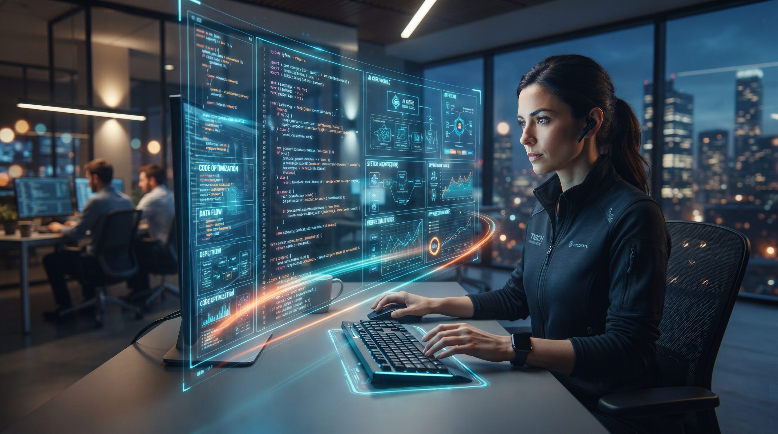 A software engineer collaborating with a futuristic AI coding assistant and holographic workflows on a modern screen.