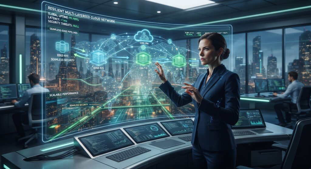 A futuristic digital enterprise infrastructure display showing scalable server clusters and global networks, highlighting strategies for future-proofing web architecture.