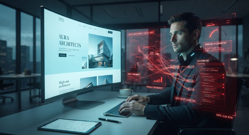 A modern web development workstation showing a visually flawless website interface, with a subtle digital overlay exposing hidden security risks and vulnerabilities tied to no-code extensions.