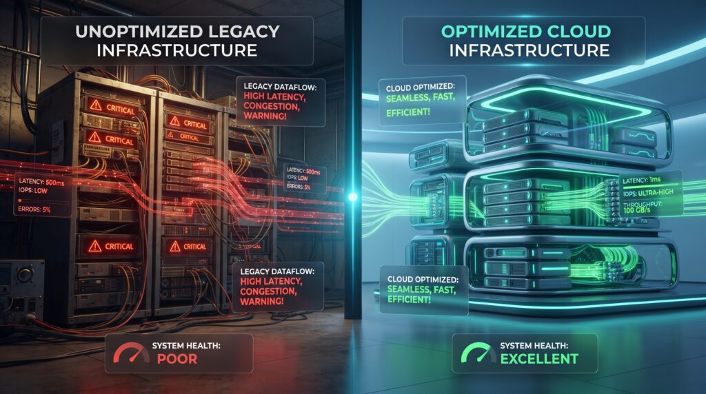 Comparative matrix illustration showing the performance contrast between unoptimized legacy web servers and high-speed optimized infrastructure.