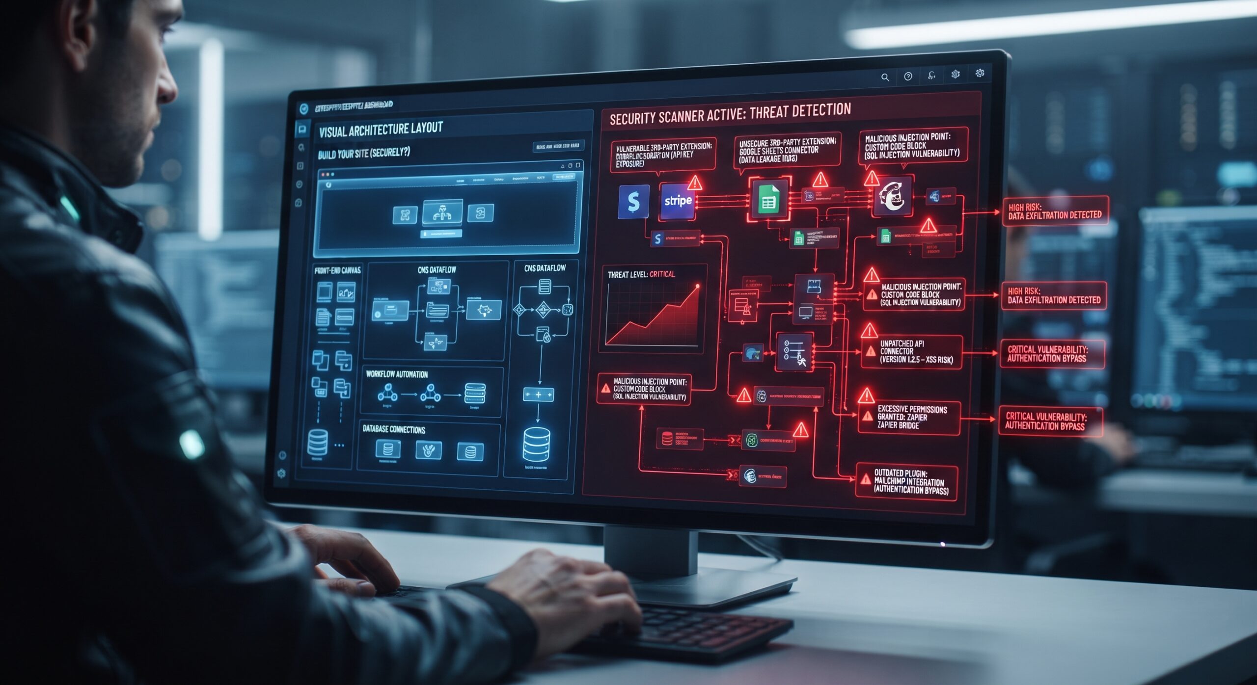 A cybersecurity interface scanning a modern visual web development workflow, exposing hidden security risks and vulnerabilities within no-code extensions and plugins.