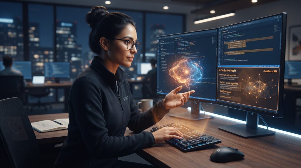 A developer and an AI assistant collaborating on real-time code suggestions on a dual-monitor office workstation.