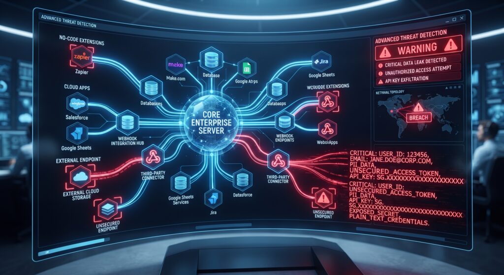 A high-tech digital workflow visualization highlighting data exposure risks and exposed API keys leaking through misconfigured webhooks and no-code extensions.
