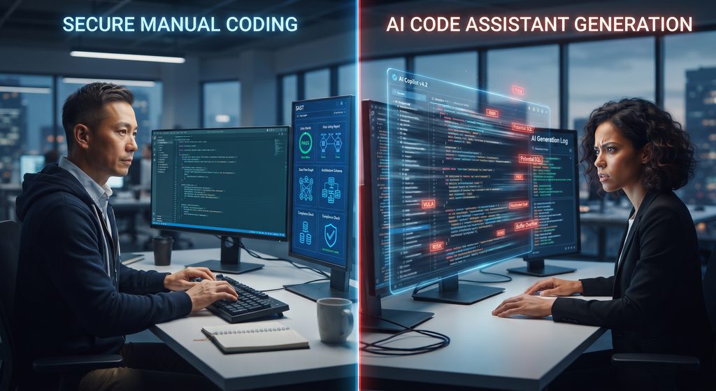 A split-screen comparison visual contrasting the methodical, secure workflow of a senior developer writing manual code against the rapid, high-volume generation of code by an AI Cod Assistant, which contains subtle, overlooked security vulnerabilities.