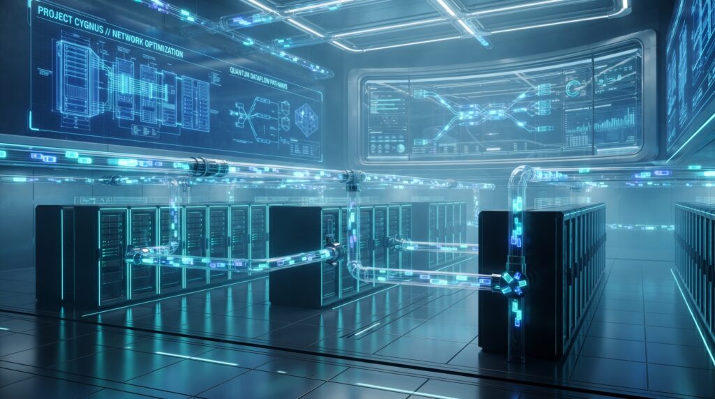 Advanced server configuration and resource prioritization architecture showing high-speed data routing and performance optimization.