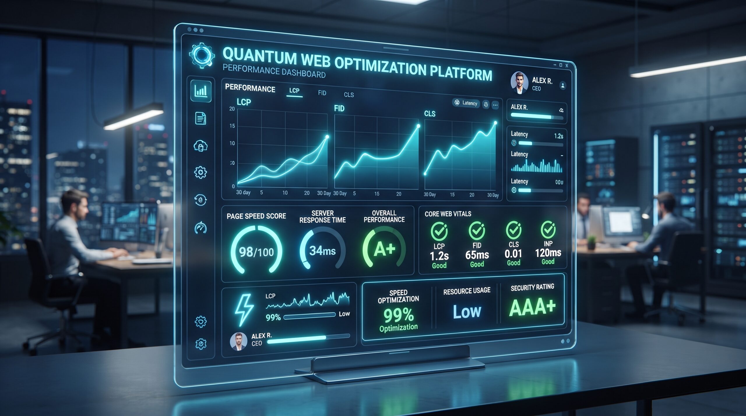 Professional dashboard displaying speed optimization analytics, Core Web Vitals metrics, and high-performance web development tools for B2B clients.