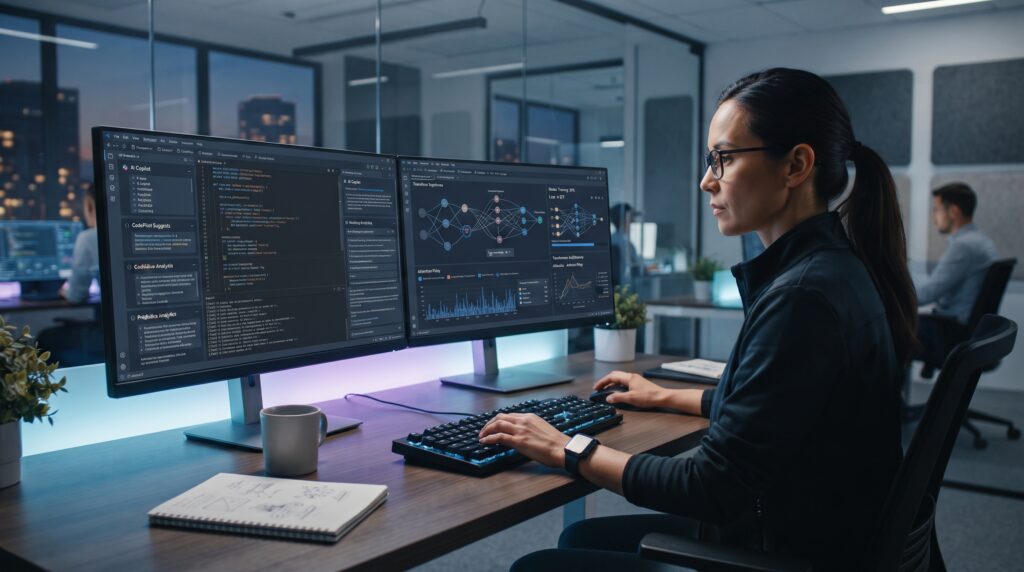 A modern dual-monitor workstation displaying advanced AI coding assistants and clean code interfaces in a minimal tech office.