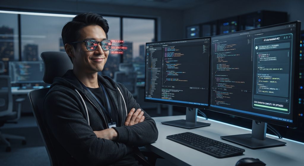 A confident software engineer displays complacency while relying on an AI Code, unaware that a reflection reveals hidden security vulnerabilities within the generated code.