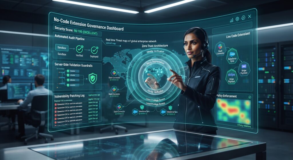 A professional DevSecOps command center visualizing the active hardening of modular no-code extensions through automated audits and strict security guardrails on a futuristic dashboard.